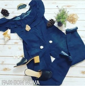 Dark Denim Off The Shoulder Jumpsuit Ruffle Romper